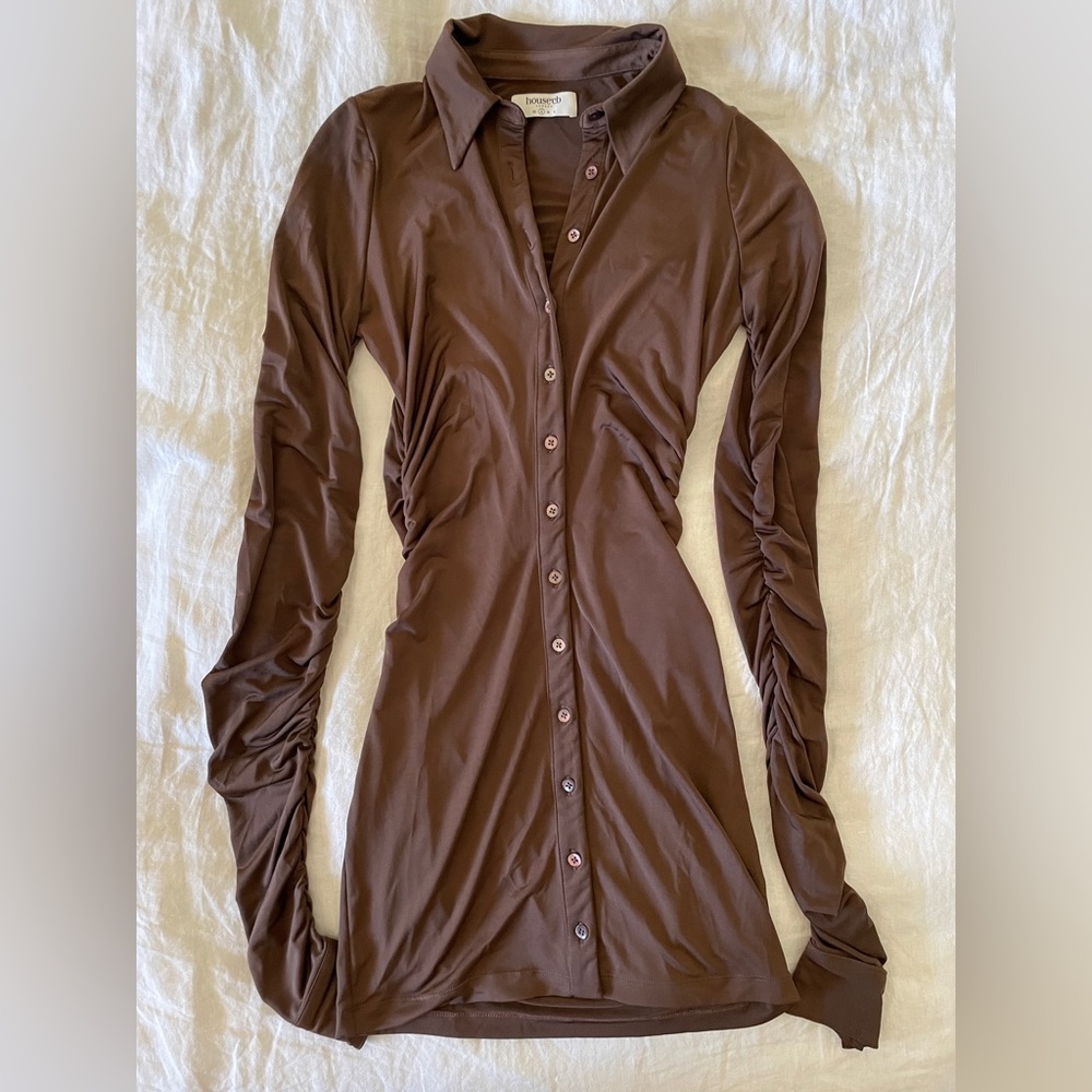 House of CB rouched brown button up dress